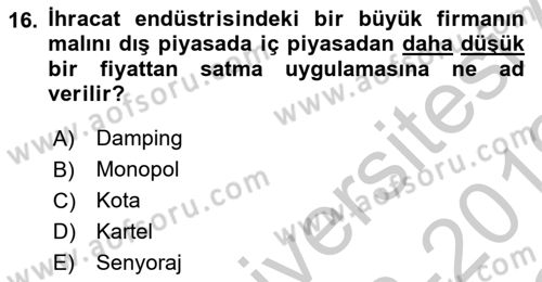 Uluslararası Ticaret Dersi 2018 - 2019 Yılı Yaz Okulu Sınav Soruları 16. Soru