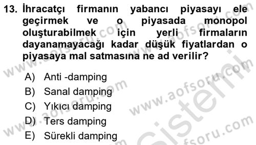 Uluslararası Ticaret Dersi 2023 - 2024 Yılı (Vize) Ara Sınav Soruları 13. Soru