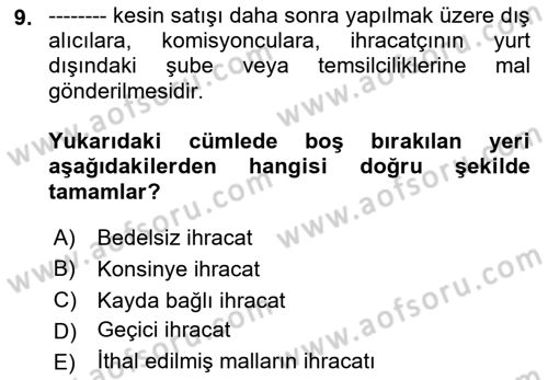 Dış Ticarette Girişimcilik Dersi 2021 - 2022 Yılı (Final) Dönem Sonu Sınav Soruları 9. Soru