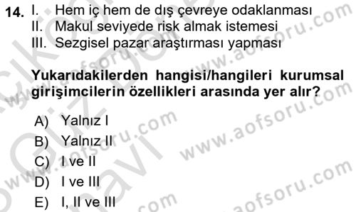Dış Ticarette Girişimcilik Dersi 2022 - 2023 Yılı (Vize) Ara Sınav Soruları 14. Soru