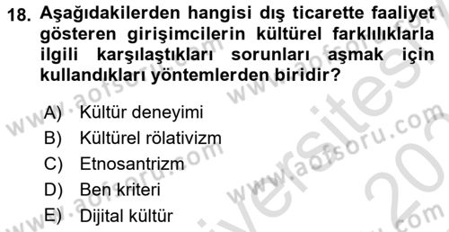 Dış Ticarette Girişimcilik Dersi 2022 - 2023 Yılı Yaz Okulu Sınav Soruları 18. Soru