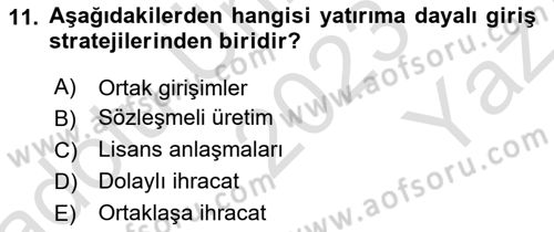 Dış Ticarette Girişimcilik Dersi 2023 - 2024 Yılı Yaz Okulu Sınav Soruları 11. Soru