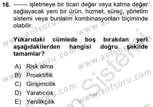 Dış Ticarette Girişimcilik Dersi 2025 - 2026 Yılı (Vize) Ara Sınav Soruları 16. Soru