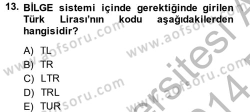 Dış Ticarette Bilgisayar Uygulamaları Dersi 2013 - 2014 Yılı (Final) Dönem Sonu Sınav Soruları 13. Soru