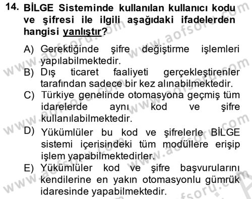 Dış Ticarette Bilgisayar Uygulamaları Dersi 2014 - 2015 Yılı Tek Ders Sınavı 14. Soru