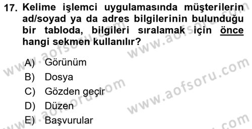 Dış Ticarette Bilgisayar Uygulamaları Dersi 2018 - 2019 Yılı (Vize) Ara Sınav Soruları 17. Soru