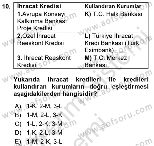 Dış Ticaretin Finansmanı ve Teşviki Dersi 2019 - 2020 Yılı (Vize) Ara Sınavı 10. Soru