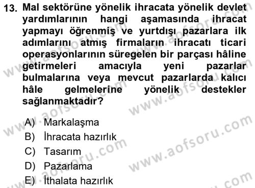 Dış Ticaretin Finansmanı ve Teşviki Dersi 2021 - 2022 Yılı (Final) Dönem Sonu Sınav Soruları 13. Soru