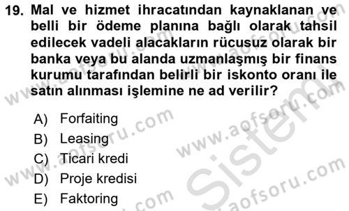 Dış Ticaretin Finansmanı ve Teşviki Dersi 2022 - 2023 Yılı (Vize) Ara Sınavı 19. Soru