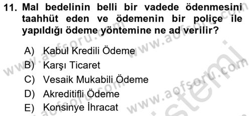 Dış Ticaretin Finansmanı ve Teşviki Dersi 2022 - 2023 Yılı Yaz Okulu Sınav Soruları 11. Soru