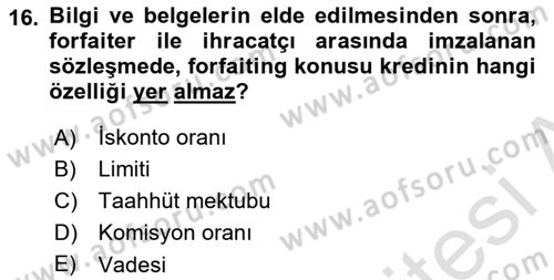 Dış Ticaretin Finansmanı ve Teşviki Dersi 2023 - 2024 Yılı (Vize) Ara Sınav Soruları 16. Soru