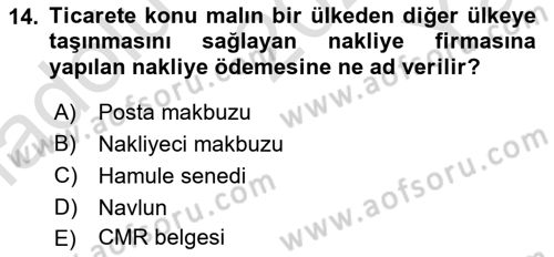Dış Ticaretin Finansmanı ve Teşviki Dersi 2023 - 2024 Yılı Yaz Okulu Sınav Soruları 14. Soru