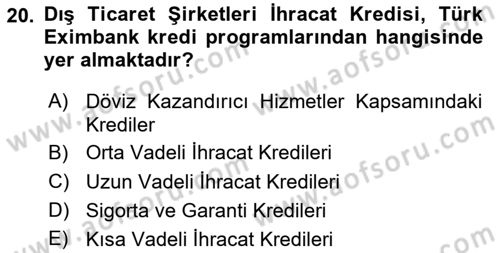 Dış Ticaretin Finansmanı ve Teşviki Dersi 2024 - 2025 Yılı (Vize) Ara Sınav Soruları 20. Soru