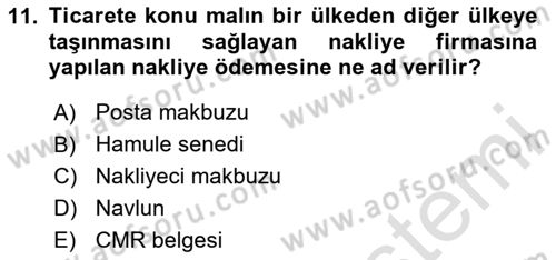 Dış Ticaretin Finansmanı ve Teşviki Dersi 2024 - 2025 Yılı (Final) Dönem Sonu Sınav Soruları 11. Soru