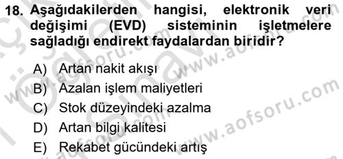 Elektronik Ticaret Dersi 2020 - 2021 Yılı Yaz Okulu Sınavı 18. Soru