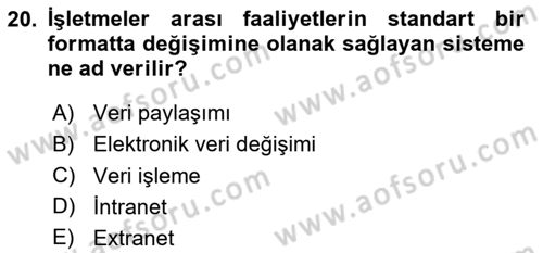 Elektronik Ticaret Dersi 2020 - 2021 Yılı Yaz Okulu Sınavı 20. Soru