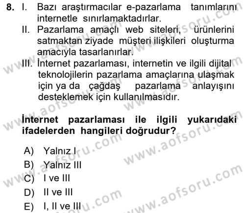 Elektronik Ticaret Dersi 2020 - 2021 Yılı Yaz Okulu Sınavı 8. Soru