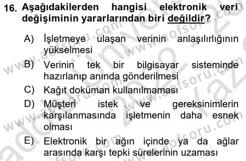 Elektronik Ticaret Dersi 2022 - 2023 Yılı Yaz Okulu Sınav Soruları 16. Soru