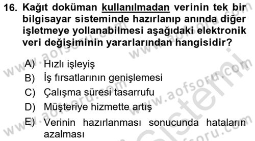 Elektronik Ticaret Dersi 2023 - 2024 Yılı Yaz Okulu Sınav Soruları 16. Soru