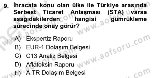 Gümrük Mevzuatı Dersi 2021 - 2022 Yılı (Vize) Ara Sınav Soruları 9. Soru