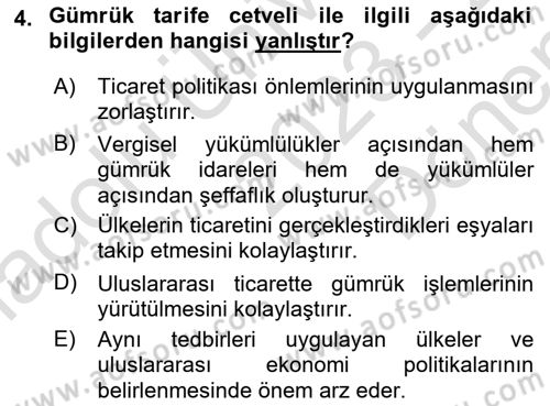 Gümrük Mevzuatı Dersi 2023 - 2024 Yılı (Final) Dönem Sonu Sınav Soruları 4. Soru