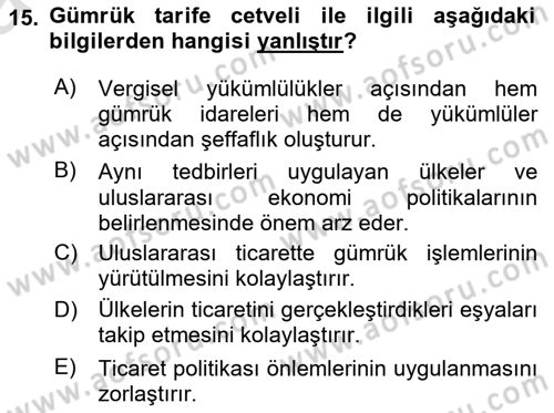 Gümrük Mevzuatı Dersi 2025 - 2026 Yılı (Vize) Ara Sınav Soruları 15. Soru