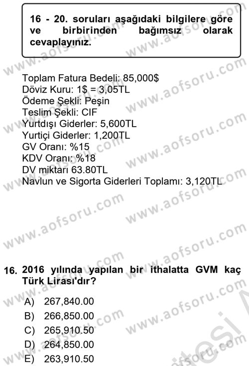 İhracat - İthalatta Örnek Olaylar Dersi 2015 - 2016 Yılı (Final) Dönem Sonu Sınav Soruları 16. Soru