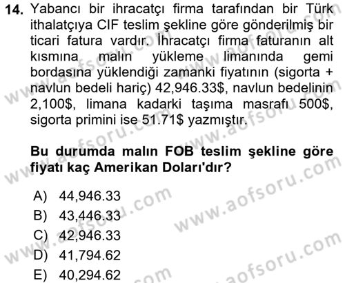 İthalat ve İhracat İşlemleri Dersi 2015 - 2016 Yılı (Vize) Ara Sınav Soruları 14. Soru