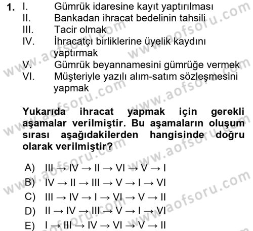 İthalat ve İhracat İşlemleri Dersi 2015 - 2016 Yılı (Final) Dönem Sonu Sınav Soruları 1. Soru