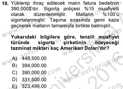 İthalat ve İhracat İşlemleri Dersi 2015 - 2016 Yılı (Final) Dönem Sonu Sınav Soruları 10. Soru