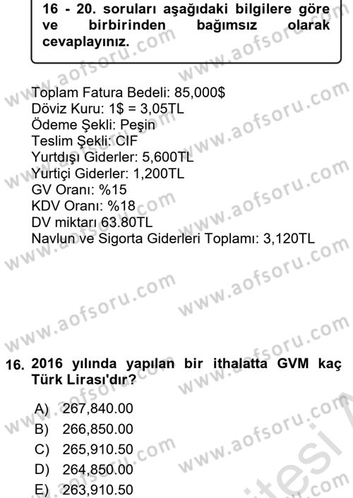 İthalat ve İhracat İşlemleri Dersi 2015 - 2016 Yılı (Final) Dönem Sonu Sınav Soruları 16. Soru
