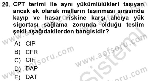 İthalat ve İhracat İşlemleri Dersi 2021 - 2022 Yılı (Vize) Ara Sınavı 20. Soru