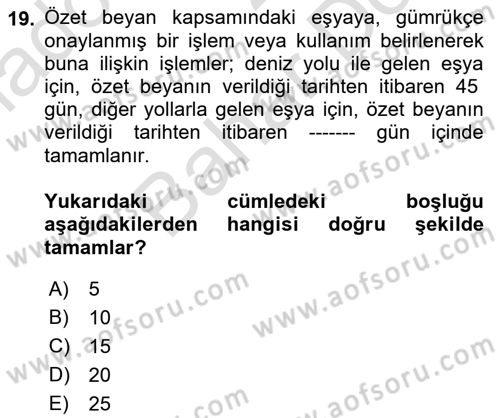 İthalat ve İhracat İşlemleri Dersi 2021 - 2022 Yılı (Final) Dönem Sonu Sınavı 19. Soru