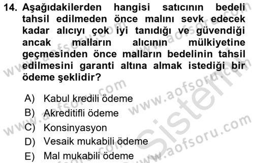 İthalat ve İhracat İşlemleri Dersi 2023 - 2024 Yılı (Final) Dönem Sonu Sınav Soruları 14. Soru