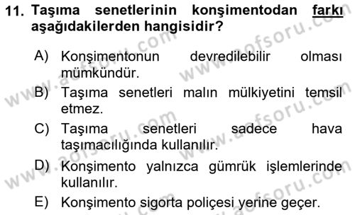 İthalat ve İhracat İşlemleri Dersi 2024 - 2025 Yılı Yaz Okulu Sınav Soruları 11. Soru