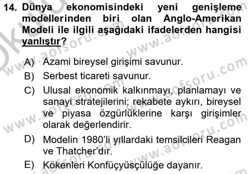 Dünya Ekonomisi Dersi 2018 - 2019 Yılı Yaz Okulu Sınav Soruları 14. Soru