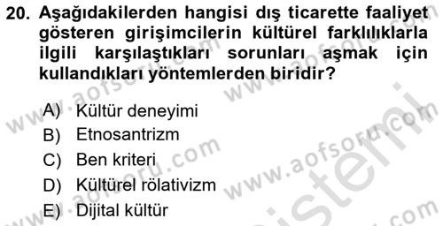 Dış Ticarette Girişimcilik Dersi 2023 - 2024 Yılı (Final) Dönem Sonu Sınav Soruları 20. Soru