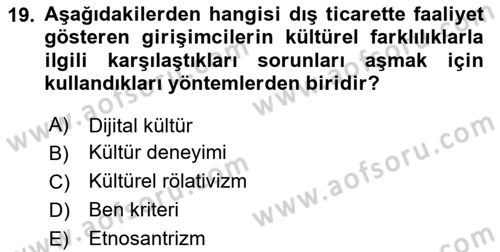 Dış Ticarette Girişimcilik Dersi 2023 - 2024 Yılı Yaz Okulu Sınav Soruları 19. Soru