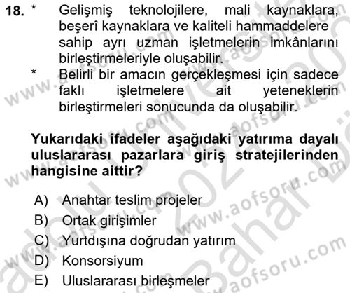 Dış Ticarette Girişimcilik Dersi 2024 - 2025 Yılı (Vize) Ara Sınav Soruları 18. Soru