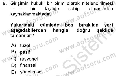 Dış Ticarette Girişimcilik Dersi 2024 - 2025 Yılı (Vize) Ara Sınav Soruları 5. Soru