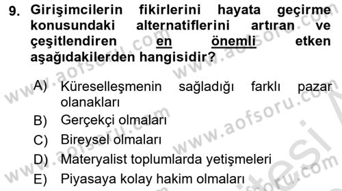 Dış Ticarette Girişimcilik Dersi 2024 - 2025 Yılı (Vize) Ara Sınav Soruları 9. Soru
