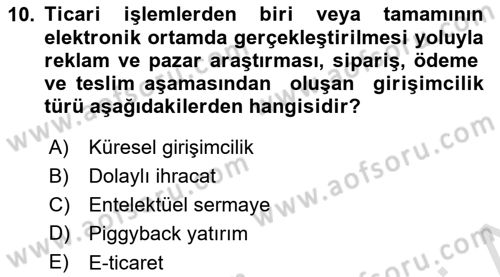 Dış Ticarette Girişimcilik Dersi 2024 - 2025 Yılı Yaz Okulu Sınav Soruları 10. Soru