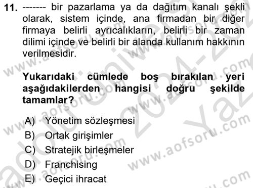 Dış Ticarette Girişimcilik Dersi 2024 - 2025 Yılı Yaz Okulu Sınav Soruları 11. Soru
