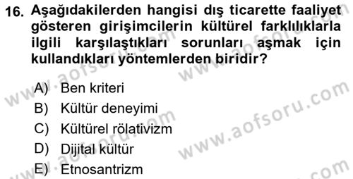 Dış Ticarette Girişimcilik Dersi 2024 - 2025 Yılı Yaz Okulu Sınav Soruları 16. Soru
