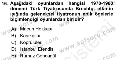 Türk Tiyatrosu Dersi 2018 - 2019 Yılı (Final) Dönem Sonu Sınav Soruları 16. Soru