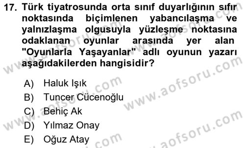 Türk Tiyatrosu Dersi 2023 - 2024 Yılı (Final) Dönem Sonu Sınav Soruları 17. Soru