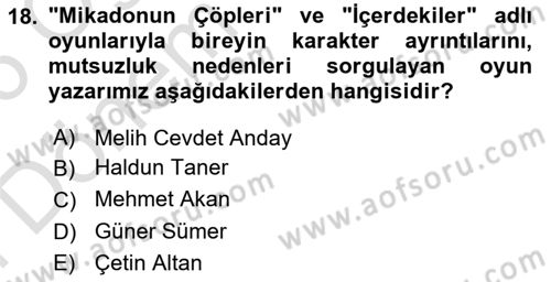 Türk Tiyatrosu Dersi 2025 - 2026 Yılı (Final) Dönem Sonu Sınav Soruları 18. Soru