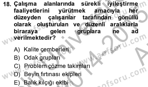 Kalite Yönetim Sistemleri Dersi 2014 - 2015 Yılı (Vize) Ara Sınav Soruları 18. Soru
