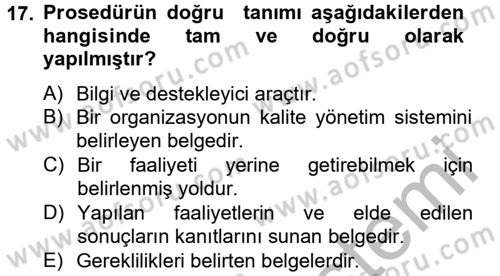 Konaklama Hizmetlerinde Kalite Yönetimi Dersi 2012 - 2013 Yılı (Final) Dönem Sonu Sınav Soruları 17. Soru