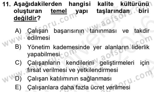 Konaklama Hizmetlerinde Kalite Yönetimi Dersi 2015 - 2016 Yılı (Vize) Ara Sınav Soruları 11. Soru